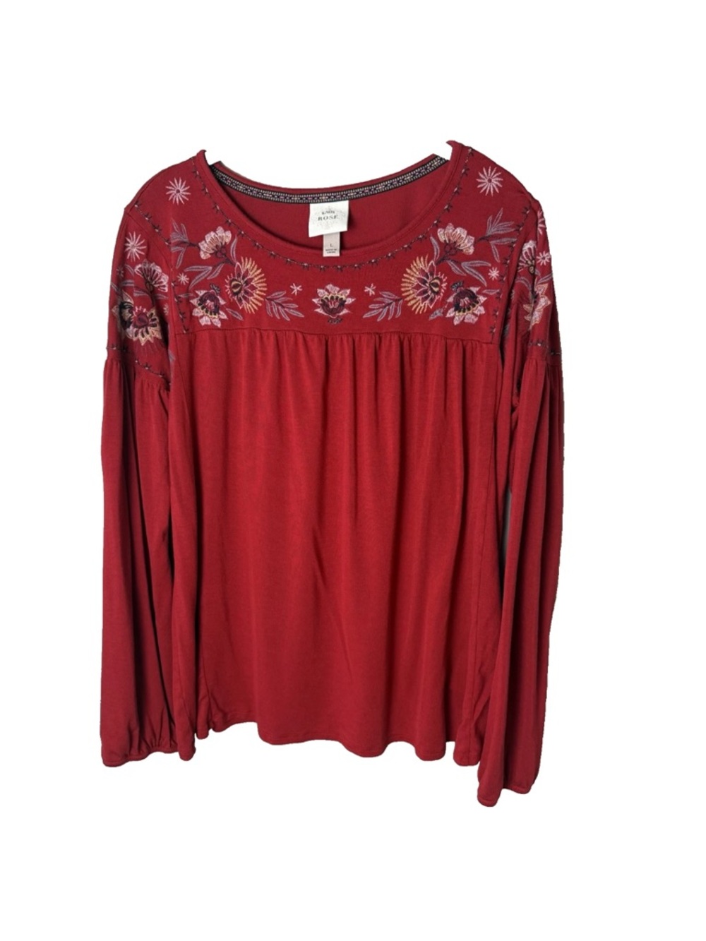 Knox Rose Top Size Large Long Sleeves Soft Embroidered Floral Stretch Red Blue